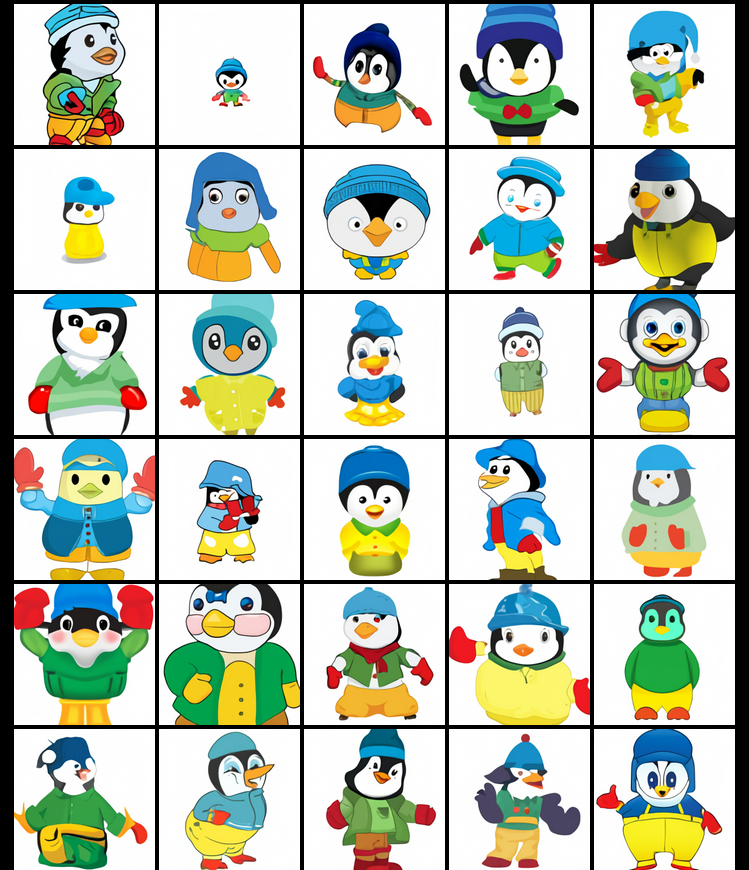 An emoji of a baby penguin wearing a blue hat, red gloves, green shirt, and yellow pants